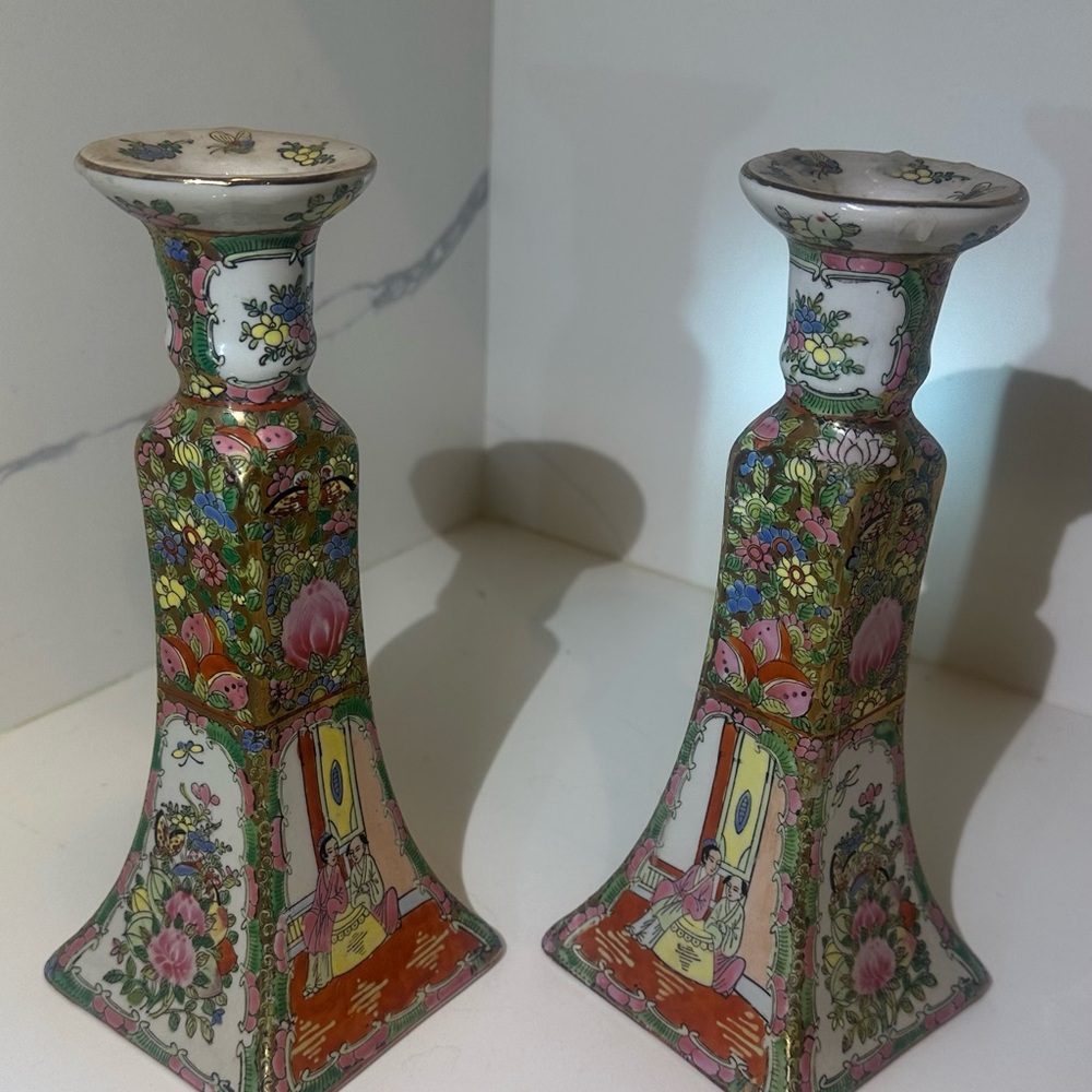 Rose Medallion 19th century vintage Candlestick Holders